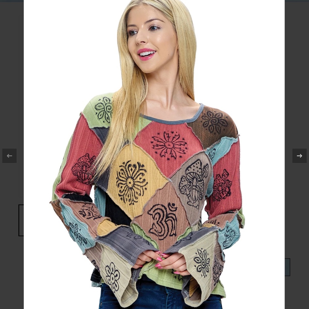 Y125 NWT Yak N Yeti Jungle Dreams Boho Patchwork Multi Color Bell Sleeve Top - Picture 1 of 10